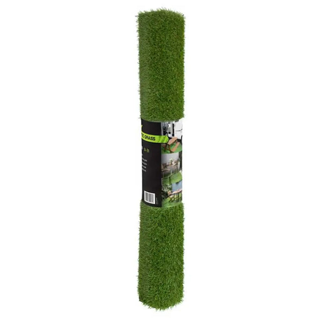 Roll of artificial grass with packaging on a white background