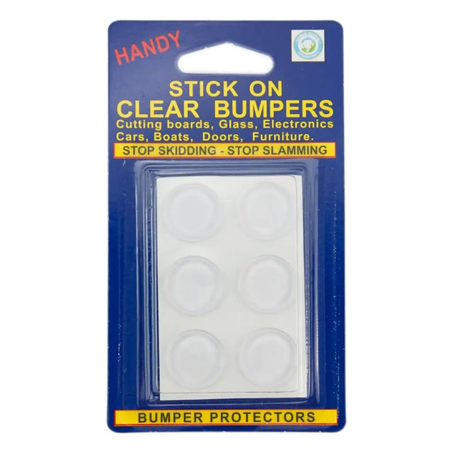 Pack of stick-on clear bumpers with blue packaging and yellow text.