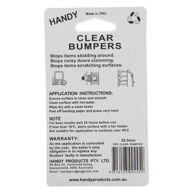 Back label of clear bumpers packaging with application instructions and product details.