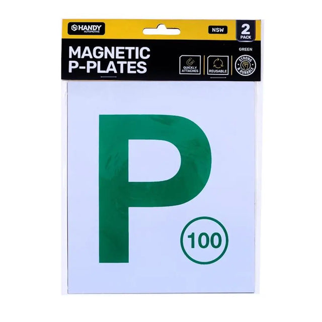 Pack of magnetic P-plates with a green letter 'P' on a white background