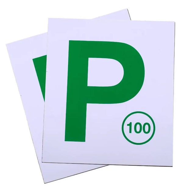 Two sheets of paper with a green 'P' and number 100 printed on them.