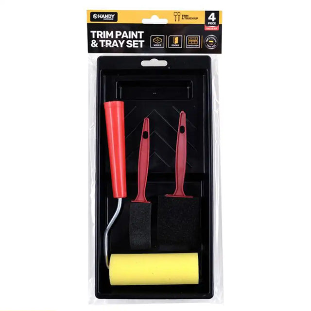 Handy Hardware 4-piece trim paint and tray set in blister packaging – front view
