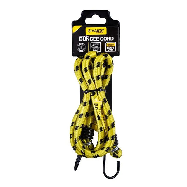 Yellow bungee cord with black hooks on HANDY packaging