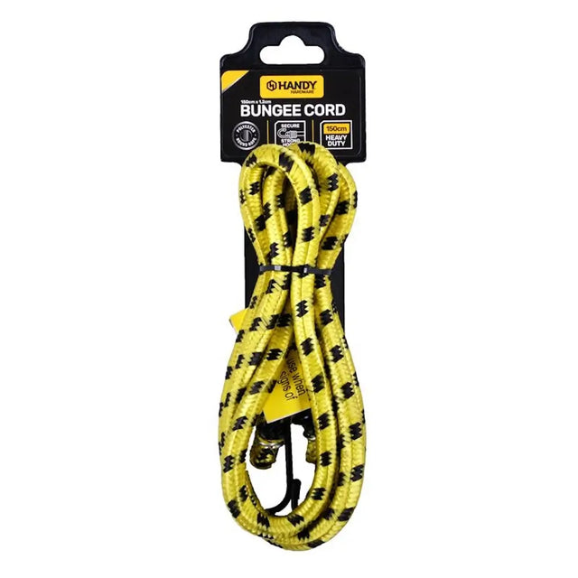 Yellow bungee cord with black accents on a white background, featuring the 'Handy' brand.