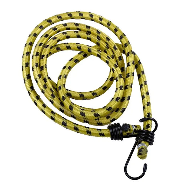 Yellow bungee cord with black hooks on a white background