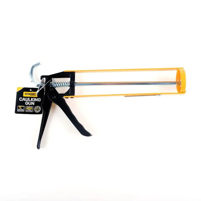 Caulking gun with a long orange piston on a white background