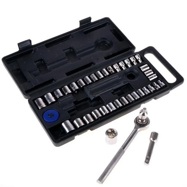 Socket set with tools and black case on a white background