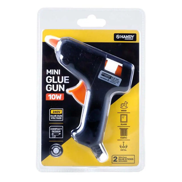 Mini glue gun in packaging with 'Handy' branding on a white background