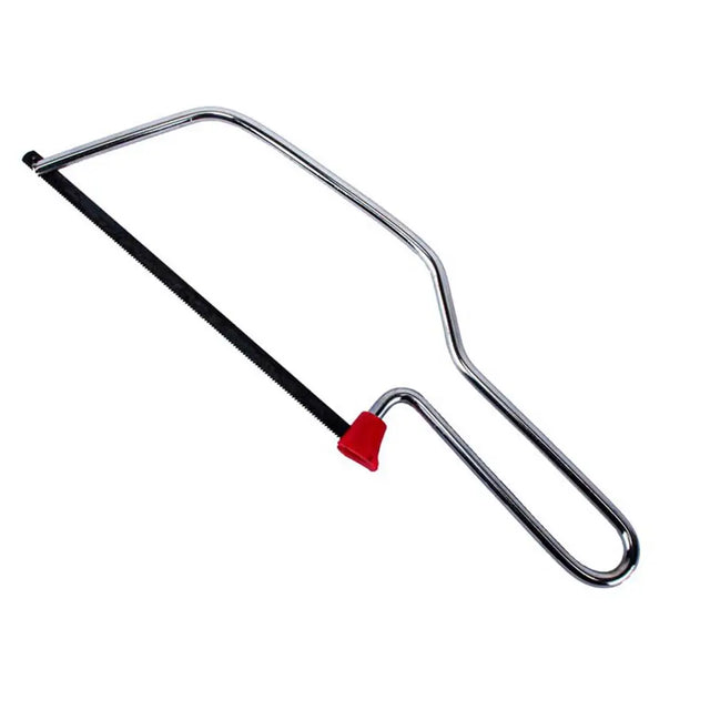 Metal coping saw with a red handle on a white background