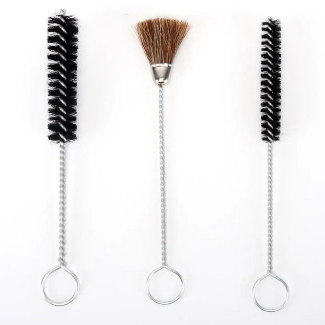 Three cleaning brushes with long silver metal handles and loop ends, shown on a plain white background. Two brushes have black bristles, and the center brush has brown bristles with a silver metal ferrule.