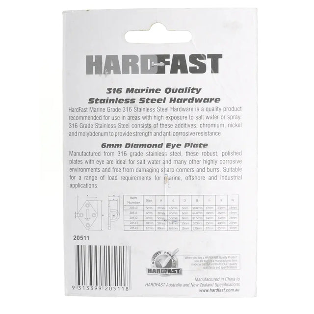 Hardfast stainless steel hardware packaging with product details on a white background