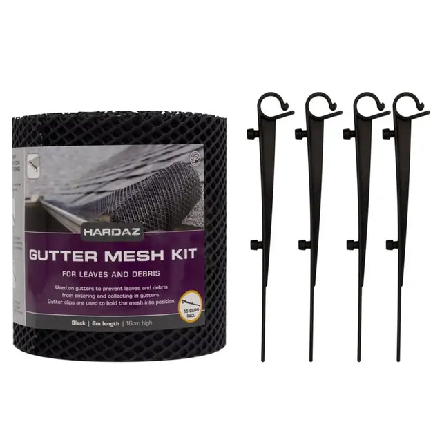 Hardaz Gutter Mesh Kit with roll of mesh and four black clips on a white background