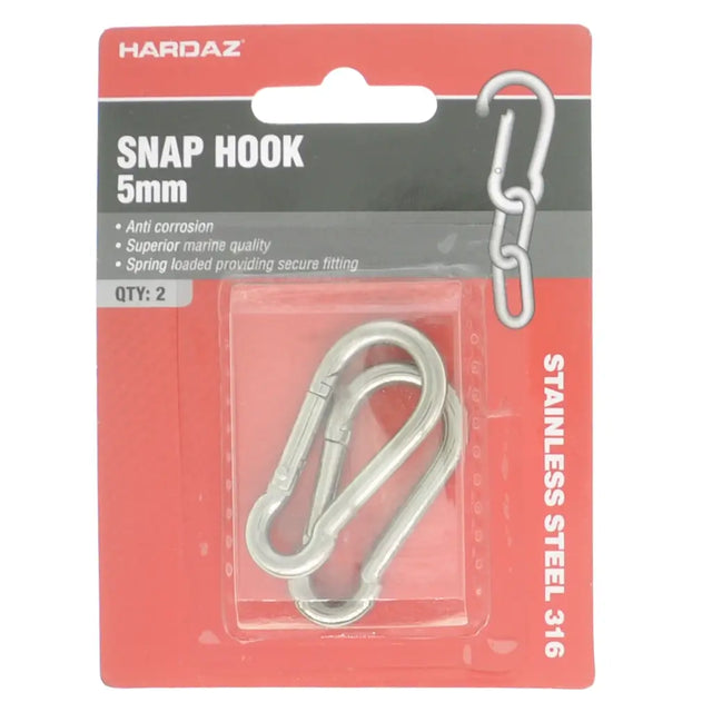 Packaged snap hook with HARDAZ branding on a red and gray background