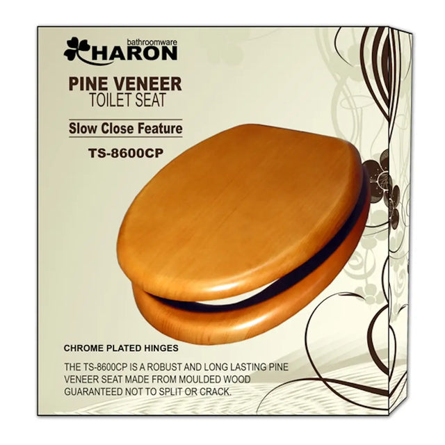 Haron pine veneer toilet seat packaging with product details.