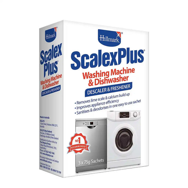 Box of Hillmark Scalex Plus washing machine and dishwasher descaler and freshener on a white background