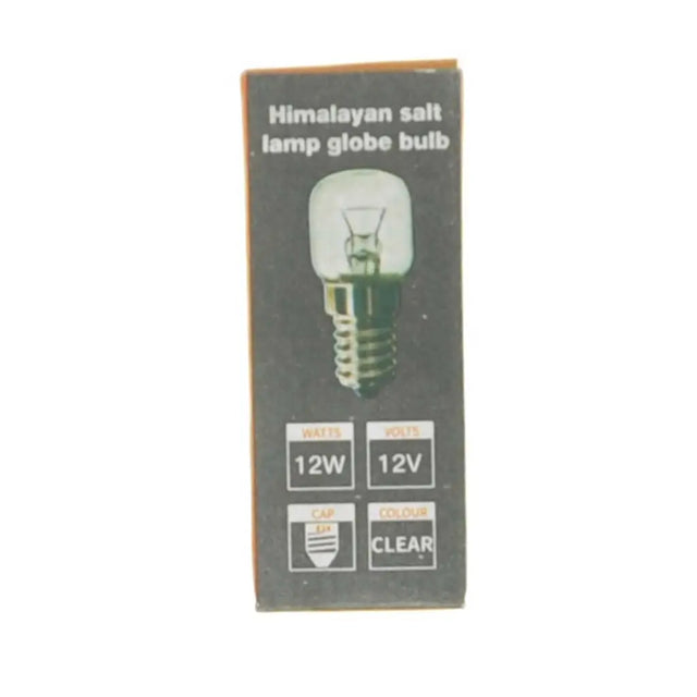Packaging of a Himalayan salt lamp globe bulb with specifications on a white background