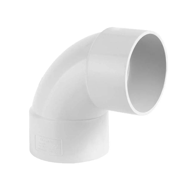 White plastic elbow pipe fitting on a white background