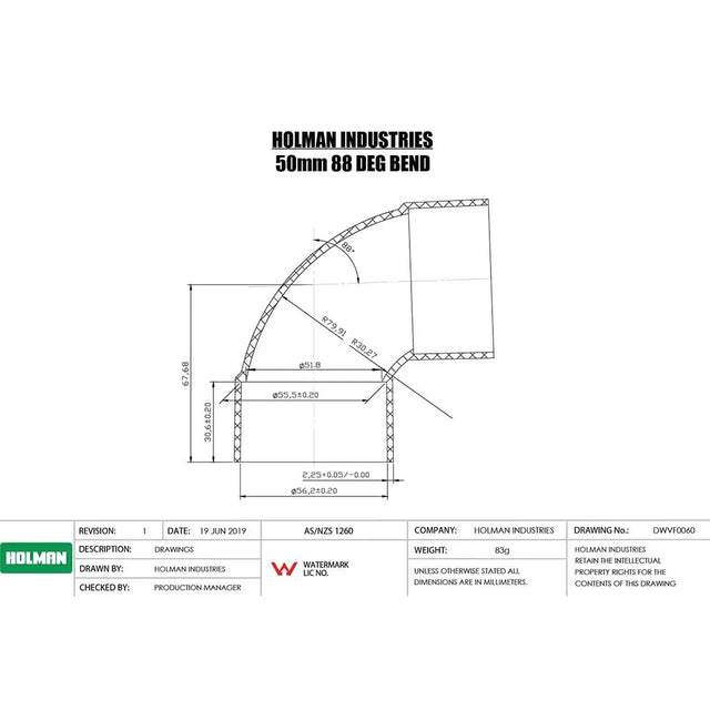 Technical drawing of a 50mm 88 deg bend with dimensions and specifications, branded 'Holman Industries'.