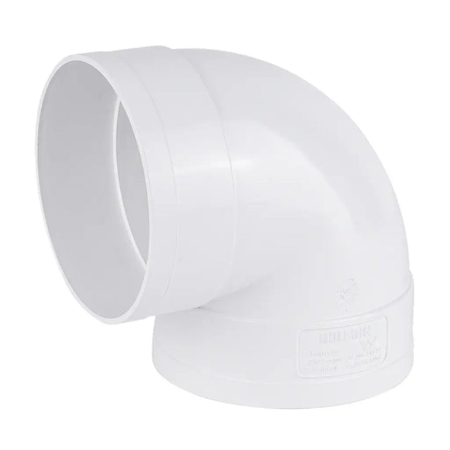 White plastic elbow pipe fitting on a white background