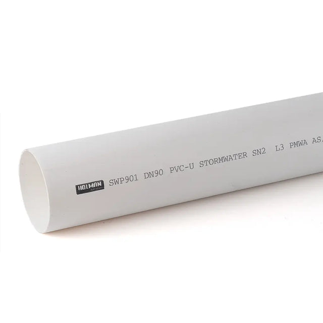White PVC-U stormwater pipe with specifications on a white background