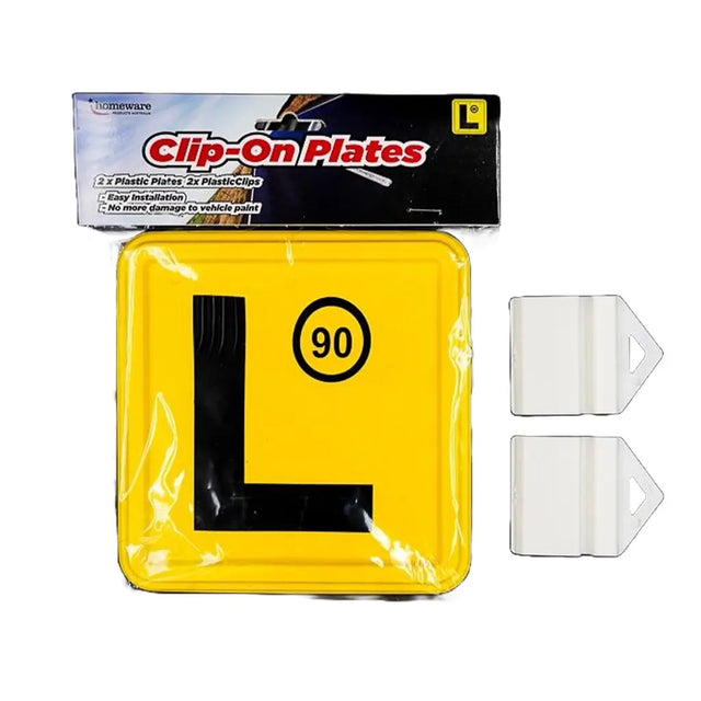 Yellow clip-on plates with a black 'L' and number 90, packaging included.