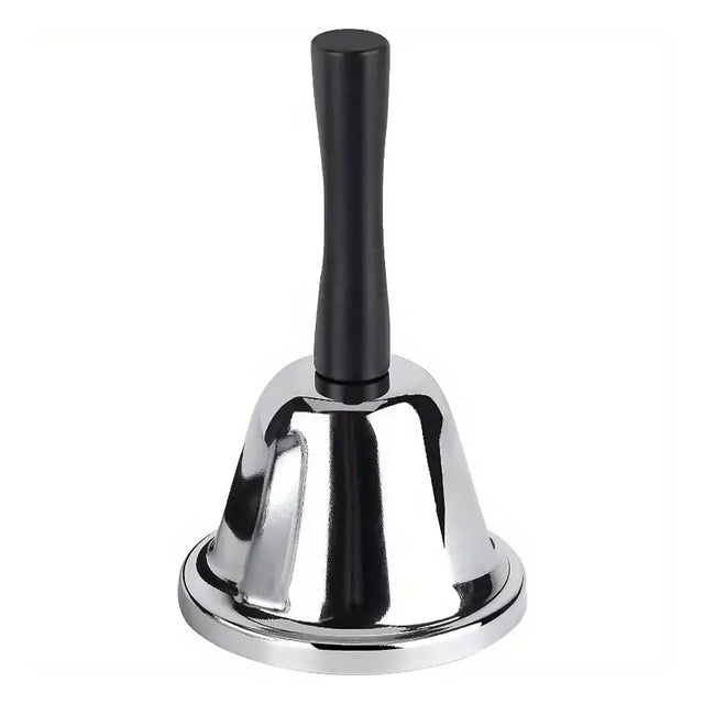Metallic handbell with a black handle on a white background