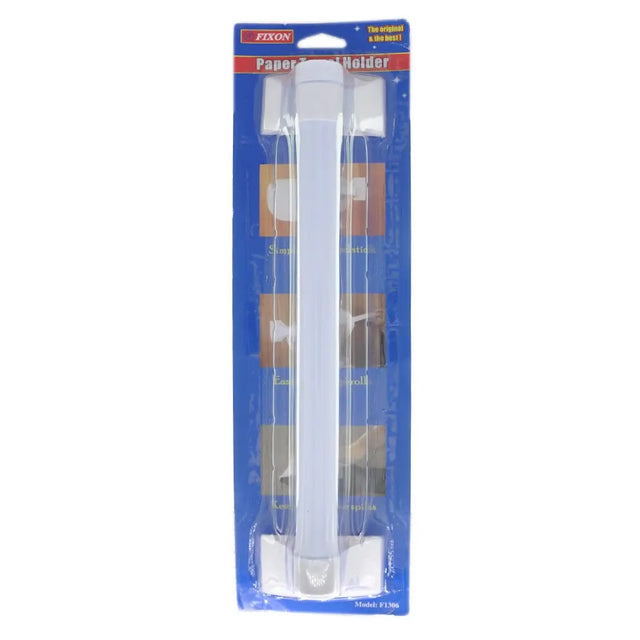 Packaged paper towel holder with blue background