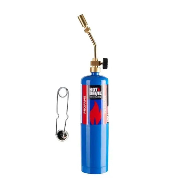 A blue propane torch light with a brass nozzle and a separate metal safety match, shown on a plain white background.