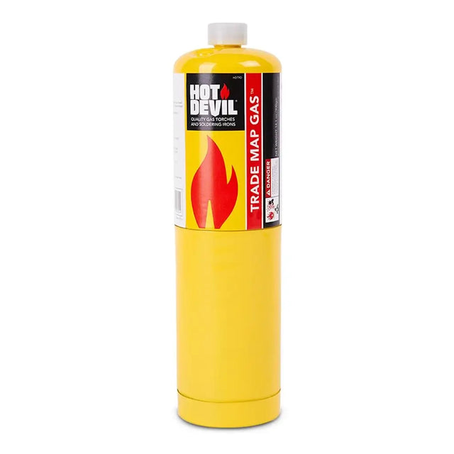 A yellow propane tank with a white cap and a Hot Devil label, shown on a plain white background.