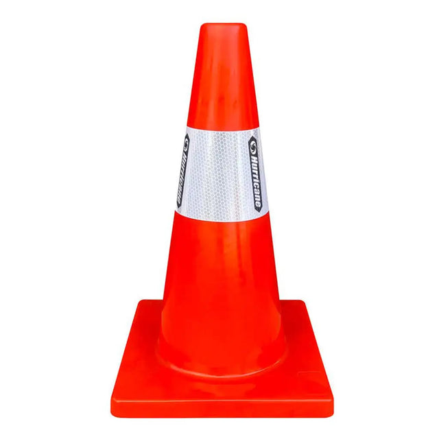 Orange traffic cone with a white label on a white background