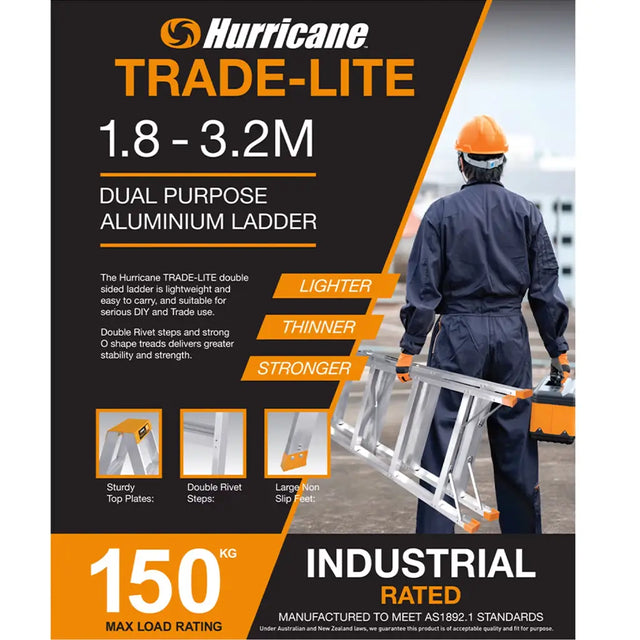 Advertisement for Hurricane Trade-Lite ladder with a person carrying the ladder.