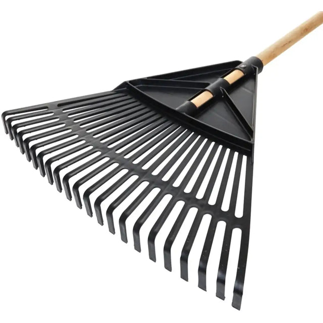 Garden rake with black metal tines and wooden handle on a white background