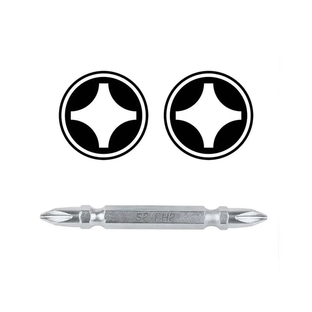 A silver PH2 screwdriver bit with a cross-shaped recess, shown below two black circular icon graphics representing the same shape on a plain white background.