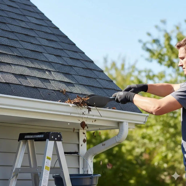 Person cleaning gutters on a house with a clear sky and trees in the background