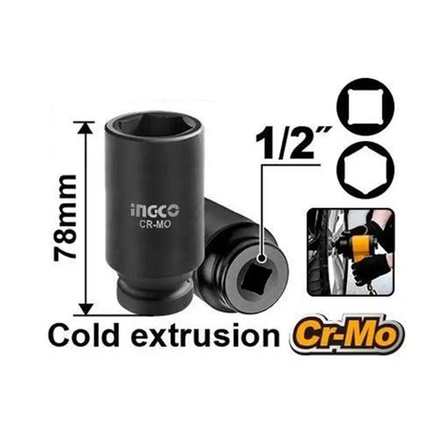 Black impact wrench socket with measurements and branding on a white background