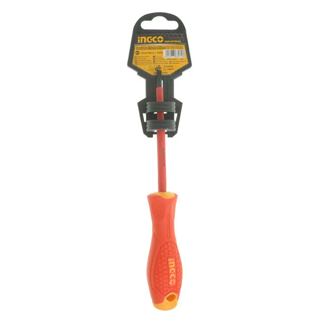 Screwdriver with red handle and black head on a white background, branded 'Ingco'.