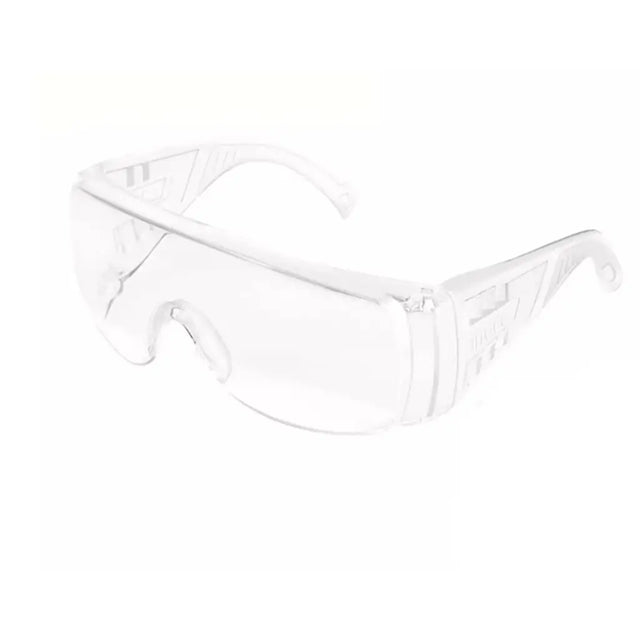 Clear plastic safety goggles with transparent lenses and molded temple arms, shown on a plain white background.