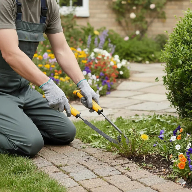 Person gardening with weed grass knife sickle in a flower garden