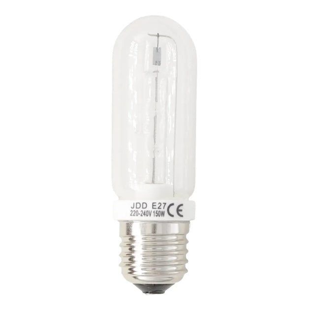 Clear light bulb with E27 base on a white background