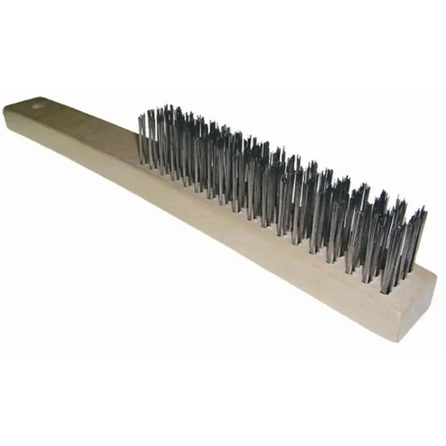 A long-handled wire brush with a light beige wooden handle and dark gray metal bristles, shown on a plain white background.