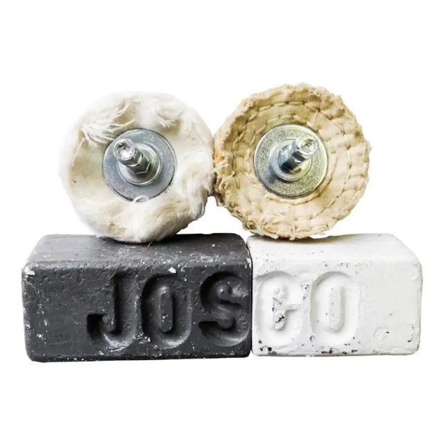 Two rotary sanding wheels on concrete blocks with 'JOS' branding.