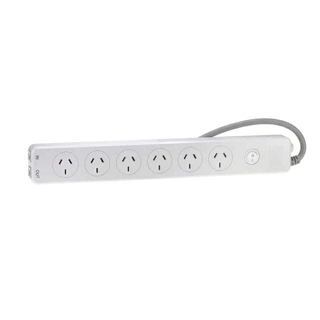 White power strip with multiple sockets on a white background