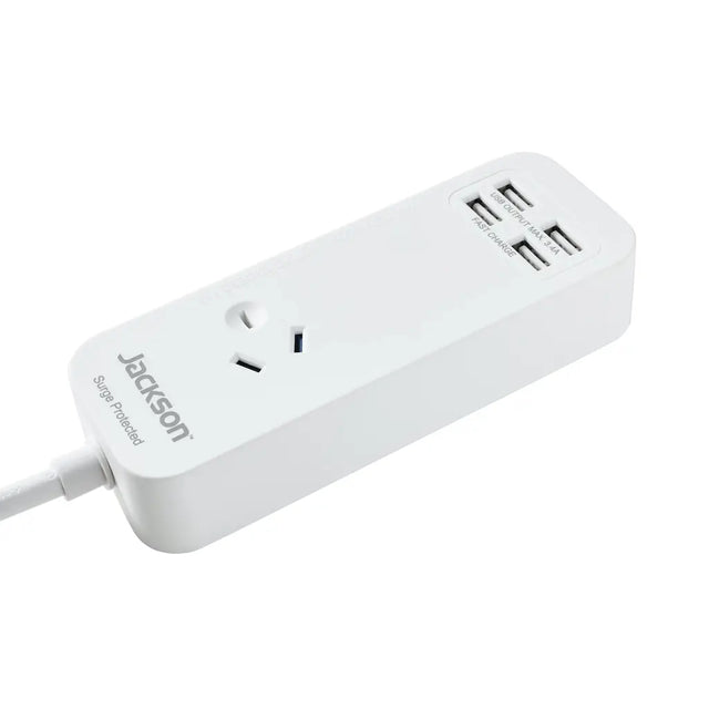White power strip with multiple outlets and USB ports on a white background, featuring the brand 'Jackson'.