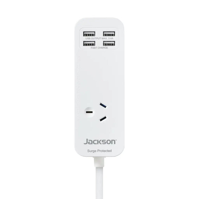 White power strip with multiple outlets and USB ports on a white background, featuring the brand 'Jackson'.
