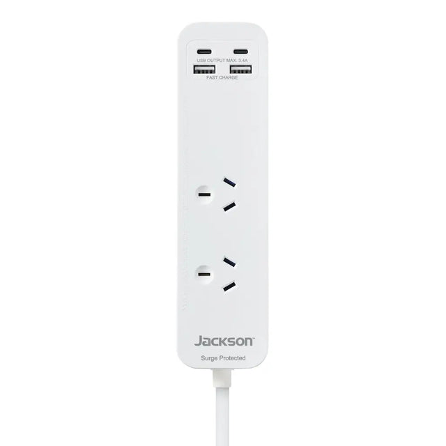 White power strip with multiple outlets and USB ports on a white background, featuring the brand 'Jackson'.