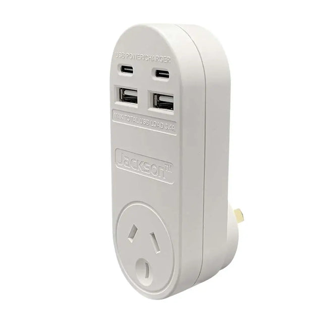 White power adapter with multiple USB ports on a white background