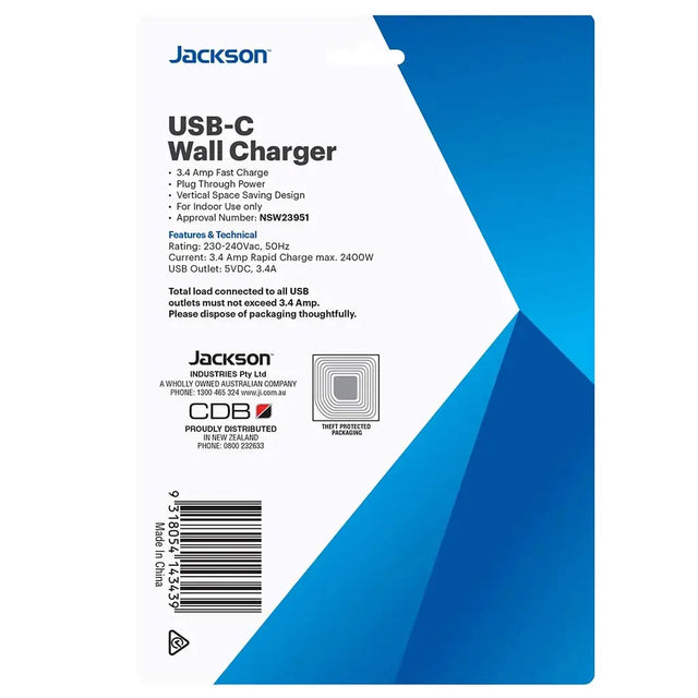 Jackson USB-C wall charger packaging with blue and white design