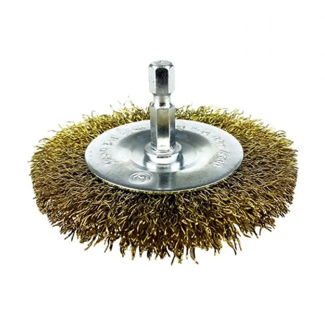 A circular steel wire brush wheel attachment with a central metal mounting shaft, shown on a plain white background.