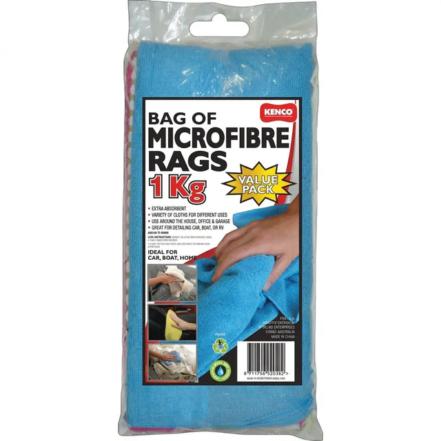 Pack of Kenco microfibre rags with a hand holding a rag on a white background