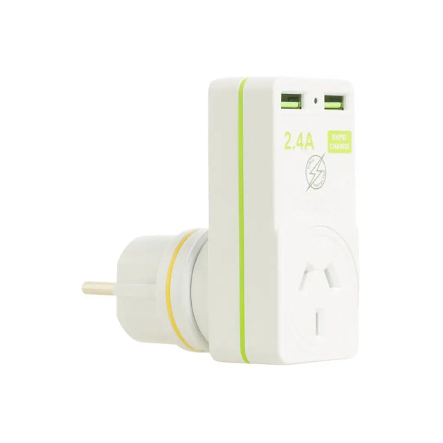 White power adapter with green accents on a white background